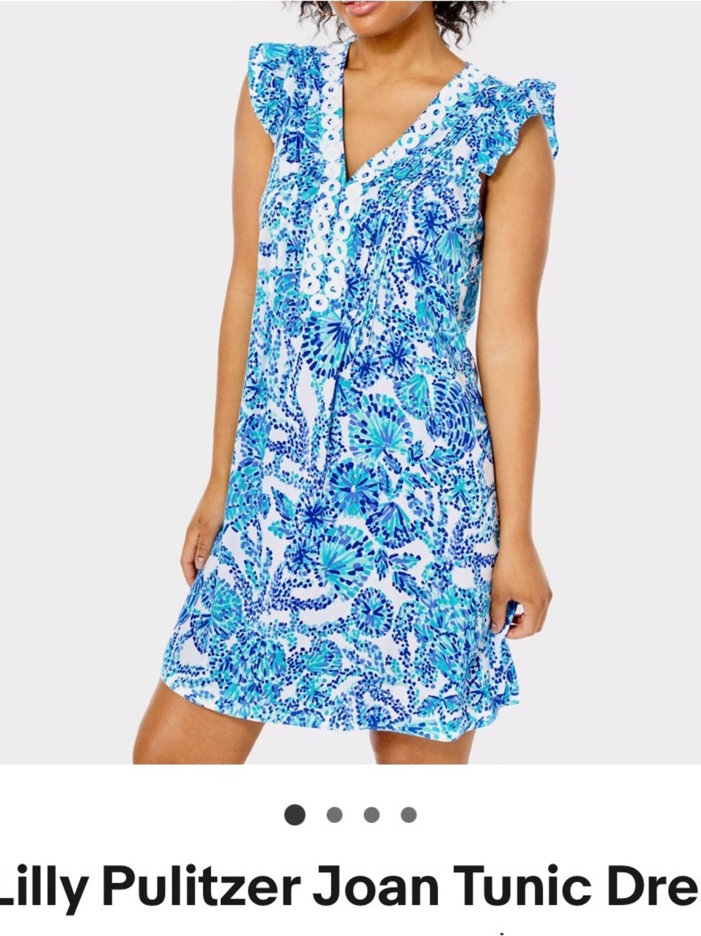 Lilly Pulitzer Blue & White Floral V-Neck Mini Dress with Crochet Trim.